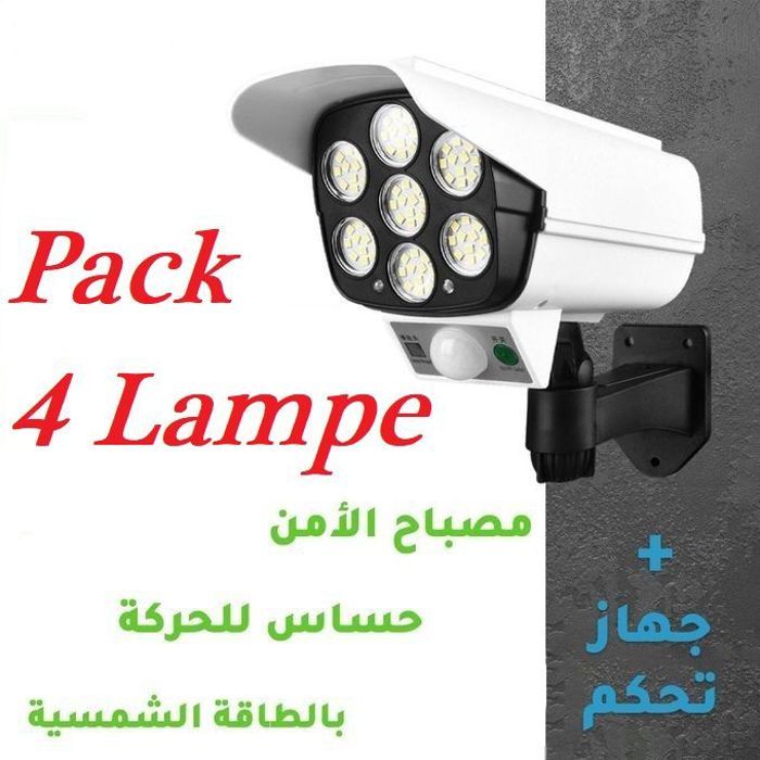 Pack de 4 lampes solaires avec capteur de mouvement extérieur, télécommande et caméra factice
