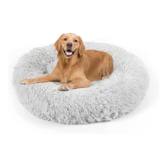 Lit pour Chiens - Ronde - Peluche Gris Clair - 80 cm - Antidérapant et Imperméable