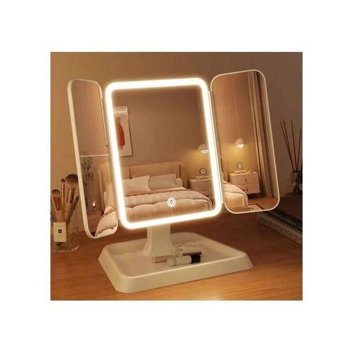 Miroir de maquillage pliant à 3 côtés avec lumière LED