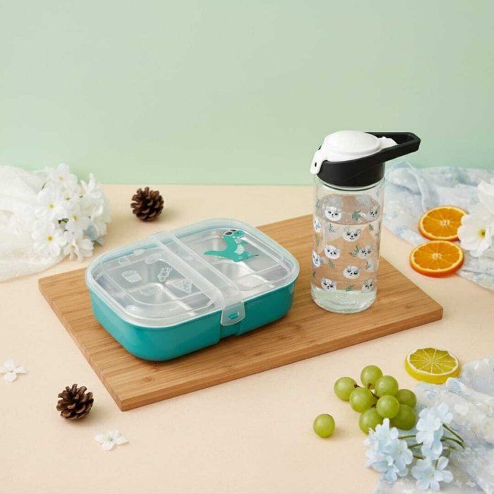 Pack Lunch box +gourde 500ml en plastique alimentaire sans BPA  deux compartiments en inox -3 couverts