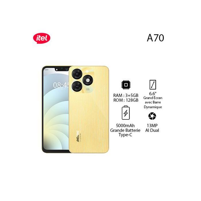 Itel A70 8GB(3+5GB)/128GB, HD+, 13MP, 6.6”, 5000mAh, Type C, Brilliant Gold