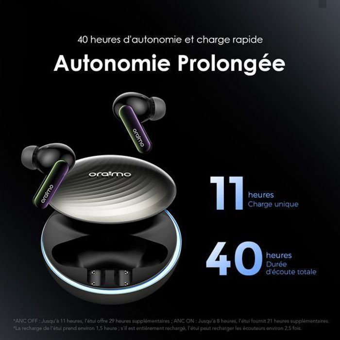 Écouteurs Bluetooth - Oraimo - SpaceBuds - Réduction de bruit ANC 50dB - Autonomie 40 heures - IPX4