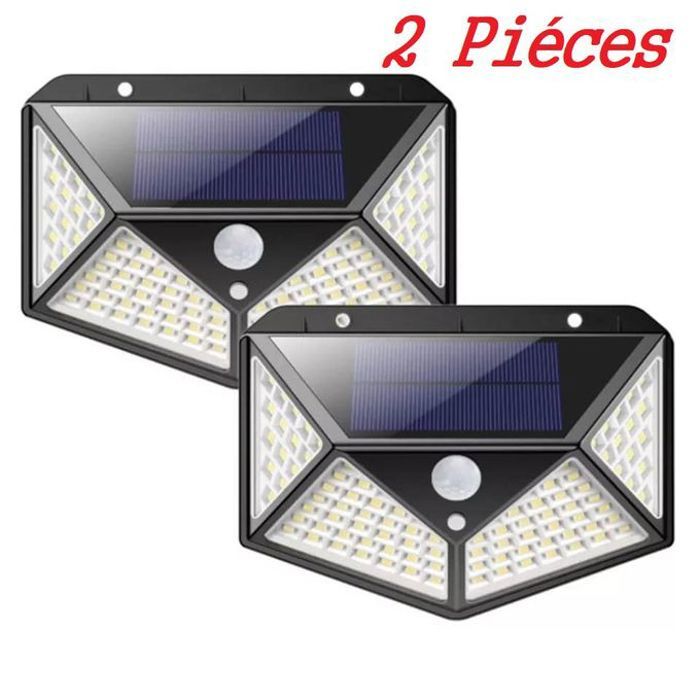Pack de 2 lampes solaires à 100LED pour l'extérieur, applique murale détecteur de mouvement