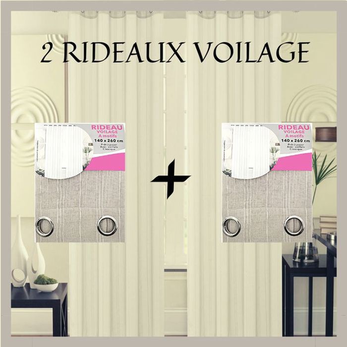 Rideaux Voilage Motifs Rayés Taupe Clair - 2 Panneaux - 140x260cm