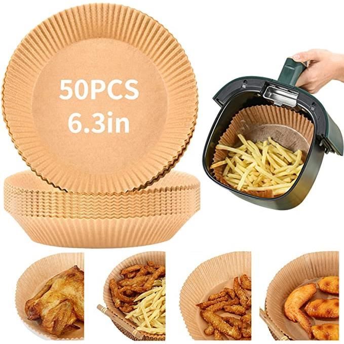 50 PCS Papier Sulfurisé pour Friteuse à Air, Papier Rond de Cuisson Air Fryer Jetable pour four, Four Micro-Onde (16 x 4 cm)