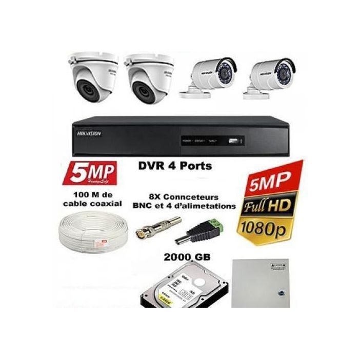 Hikvision Pack Caméras Complet 4 caméra de A à Z de 5MP Jour et Nuit complet
