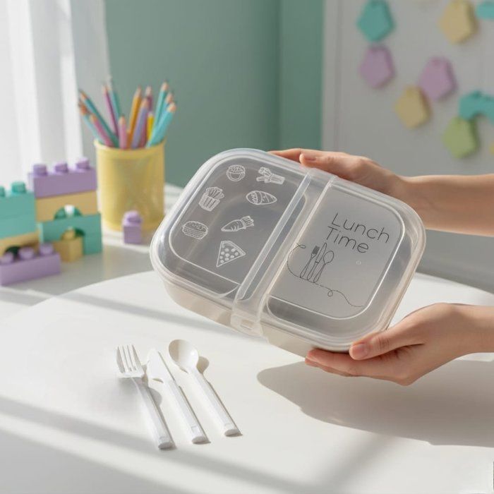 Lunch box à deux compartiments on inox -couverts en plastique alimentaire-boite à sauce21/15cm
