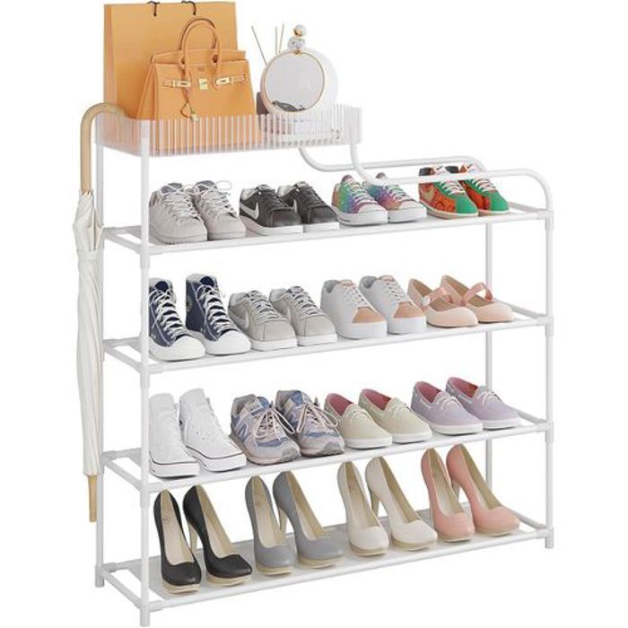 Étagère à chaussures - Non spécifié - 4 niveaux - Boîte de rangement - Métal - Blanc