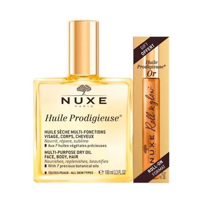 Huile sèche multifonctionnelle - NUXE - Prodigieuse - 100ml + Roll-on 8ml - Non gras - Doré