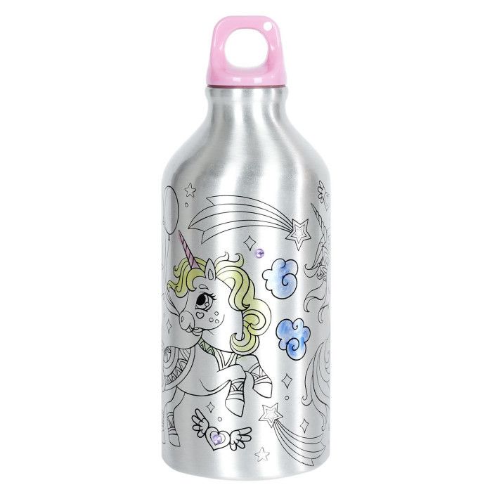Bouteille de Transport à Colorier - PARIS PRIX - Licorne - 55cl - Argent & Rose - 4 Feutres Inclus