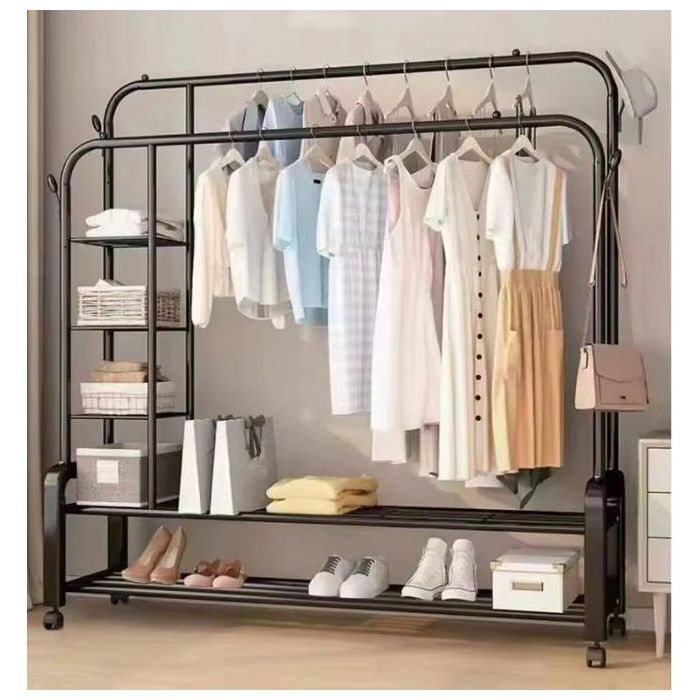 Portant à Vêtements en Acier Robuste, Double Pôle avec Étagère Inférieure, Support Professionnel, Couleur Aléatoire