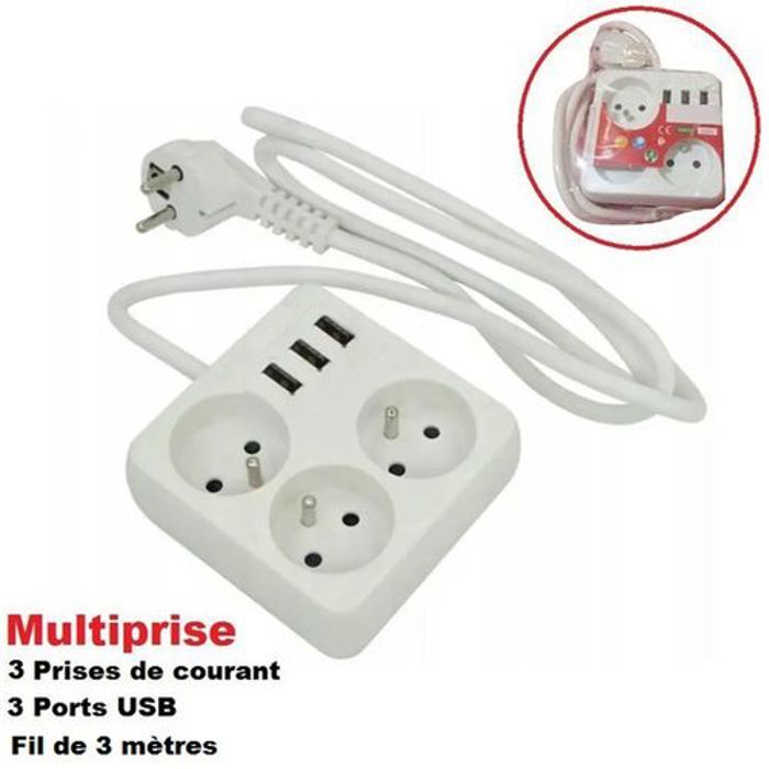 Bloc 3 Prises + 3 Ports USB, Rallonge Câble 3m