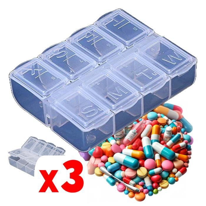 3 Boites à médicaments Semainier 7 jours 8 compartiments Pilulier quotidien Distributeur de Médicaments