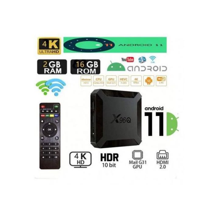 TV Box X96Q Android 11 4K 2/16GB RAM/ ROM USB 3.0 Wifi 2.4 avec un an serveur