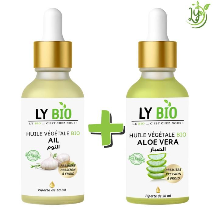 Pack de soins capillaires et corporels - LYBIO - Huile Ail 50ml - Pipette - Huile Aloe Vera 50ml - Pipette