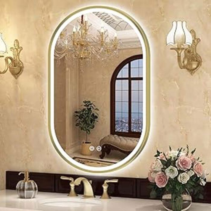 Miroir Ovale - LED - 80x50 cm - Heure et Température - Antibuée - Éclairage Tactile
