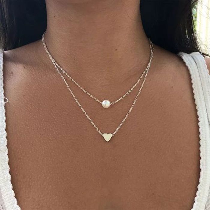 Collier - FASHION - Multi-Couche - Argent 925 - Pendentif Coeur - Pendentif Perle