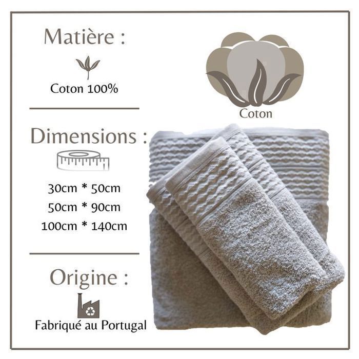 Serviettes - HOTEL - Portugal - 100% Coton - Taupe - 3 pièces (30x50cm, 50x90cm, 100x140cm)