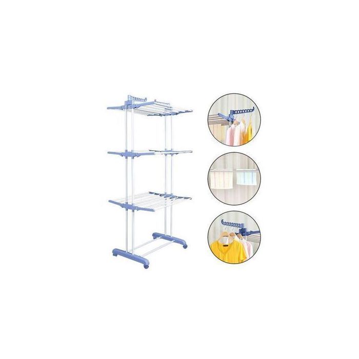 Séchoir à linge - Inox - Pliable - 6 cintres - 2 barres latérales - 4 roues avec freins