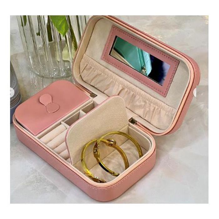 Boîte à Bijoux en Cuir PU Organisateur Portable Pour Bijoux Avec Miroir Rose