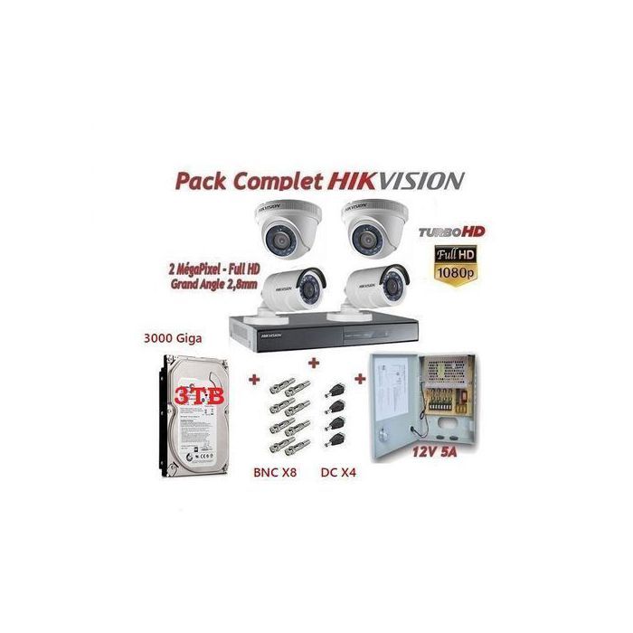 Hikvision Pack Complet Vidéo Surveillance DVR 4 HD+ 4Caméras + Bloc d'alimentation + Disque dure 3TB