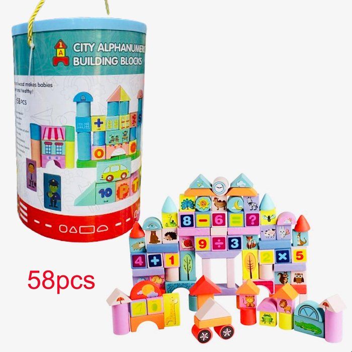Blocs de Construction Éducatifs – City Alphanumérique en Bois – 58 Pièces