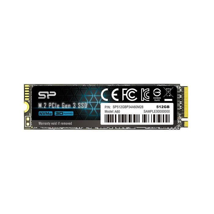 Disque SSD Interne - Silicon Power - P34A60 512Go - NVMe PCIe Gen3x4 M.2 Lecture Écriture 2200 1600 Mo/s