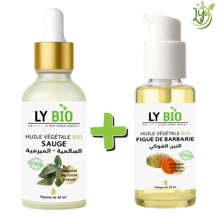 Pack de soins - LYBIO - Huile Sauge 50ml - Pipette - Huile Figue de Barbarie 50ml - Pompe