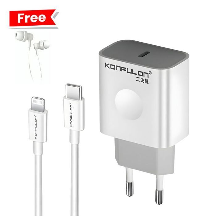 Chargeur Konfulon C69D 20W – USB-C vers Lightning  + ecouteur Heavy bass Gratuit