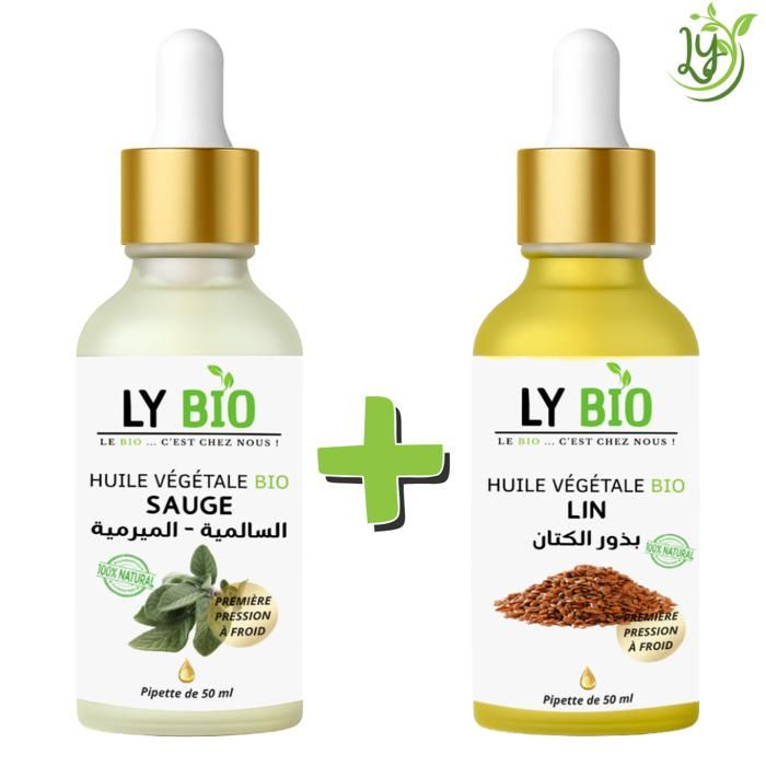 Pack d'huiles - LYBIO - Huile de sauge 50ml - Huile de lin 50ml - Hydratant - Tous types de cheveux