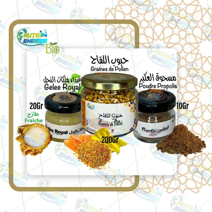 Pack Trois Immunités Graines de Pollen et Propolis, Gelée Royale 100% Nature et Biologique