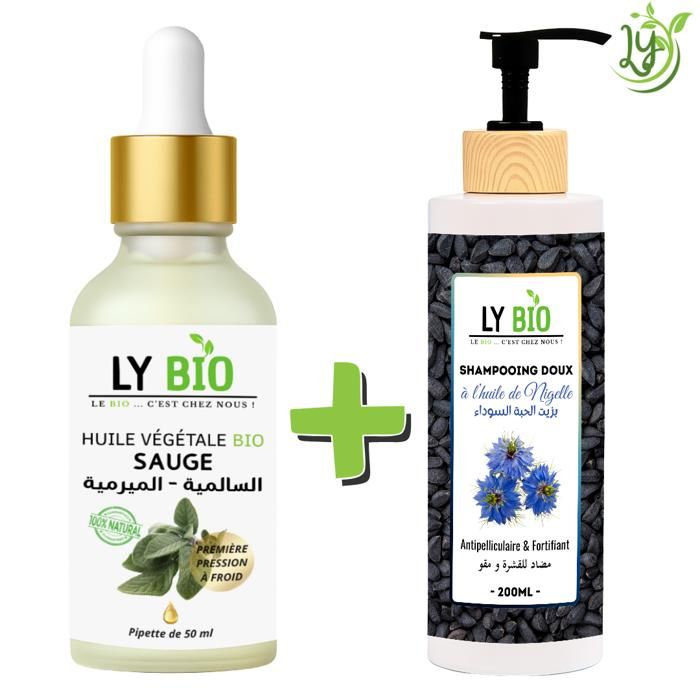 LYBIO PACK HUILE SAUGE 50ML - PIPETTE + SHAMPOOING A L'HUILE DE NIGELLE 200ML - ANTIPELLICULAIRE & FORTIFIANT