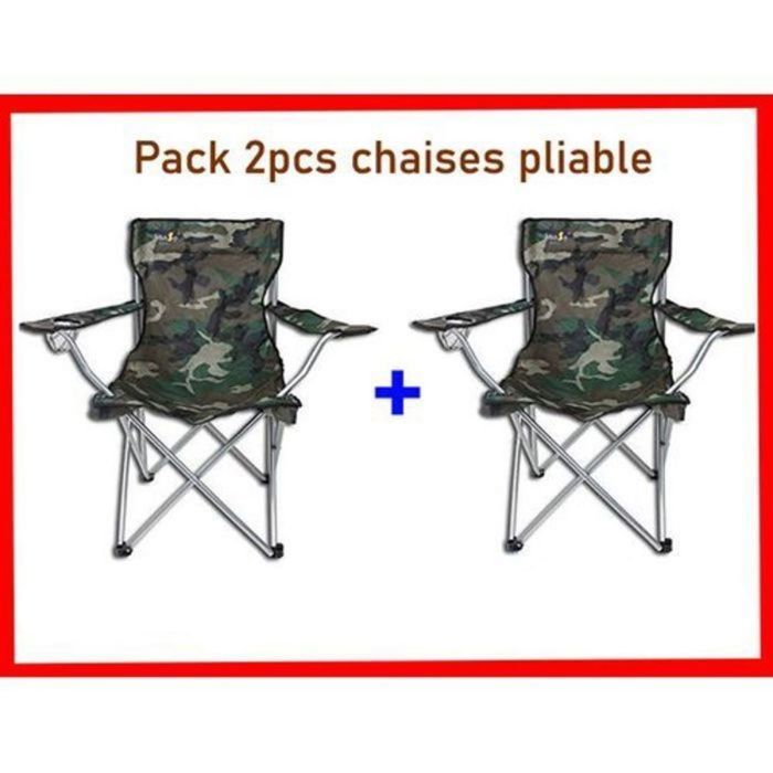 Chaise de camping et plage - Militaire - Lot de 2 - Porte-gobelet - Résistante - Pliable