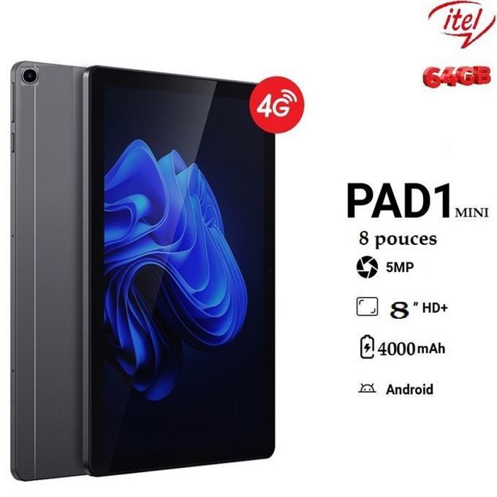 Itel tablette Pad1mini 4G 8"pouces-64GB 2GB RAM 4000mAh, Android 5MP Pochette-Gray