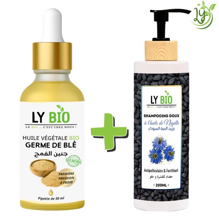 LYBIO PACK HUILE GERME DE BLE 50ML - PIPETTE + SHAMPOOING A L'HUILE DE NIGELLE 200ML - ANTIPELLICULAIRE & FORTIFIANT