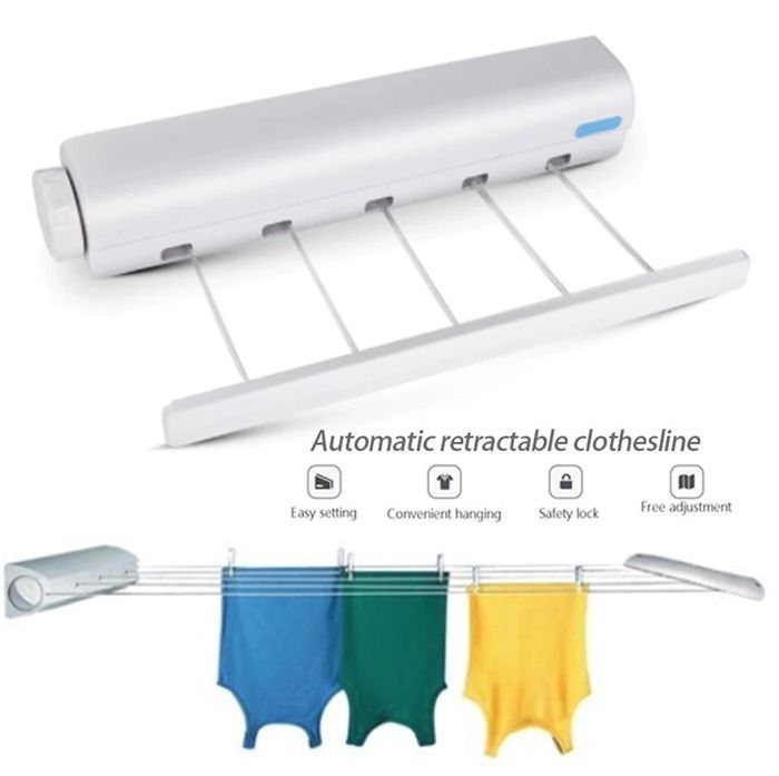 Corde à linge murale rétractable extensible pour vêtements appartement 5 cordes - Blanc
