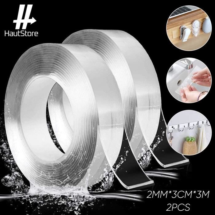 Ruban adhésif Double Face Ultrarésistant de 2MM*3CM*3M Résistance aux hautes températures Réutilisable 2Pcs