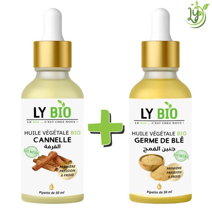 Pack d'huiles - LYBIO - Huile Cannelle 50ml - Pipette - Huile Germe de Blé 50ml - Pipette