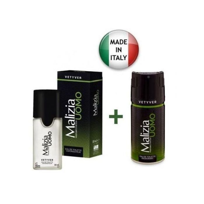 Coffret Malizia Uomo : eau de toilette et déodorant pour un parfum masculin et luxueux.