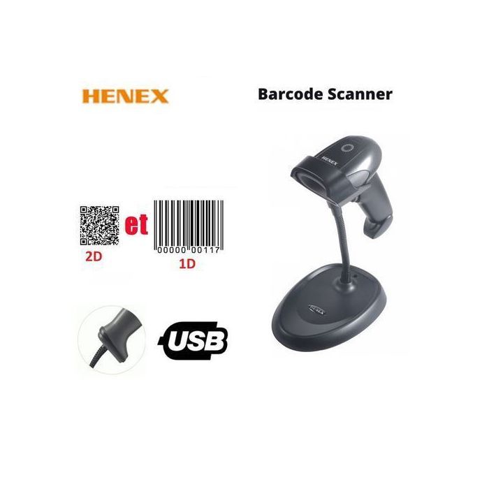HENEX Lecteur code à barre douchette 1D et 2D avec Support (avec fil) HC-3206