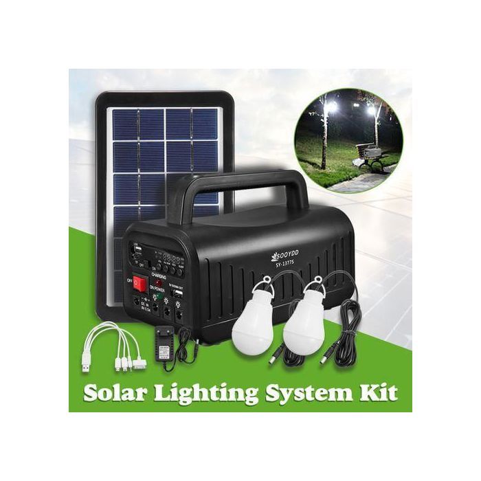 Kit d'Éclairage Solaire Multifonction - Panneau Solaire avec 2 Lampes LED, Radio FM, Bluetooth, chargeur USB et MP3