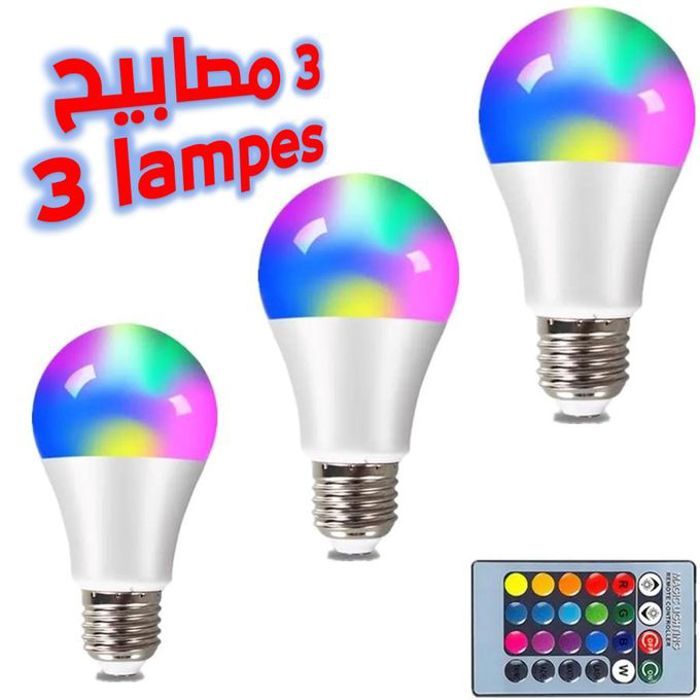 Lot de 3 ampoules LED RGBW colorées modifiables avec télécommande.