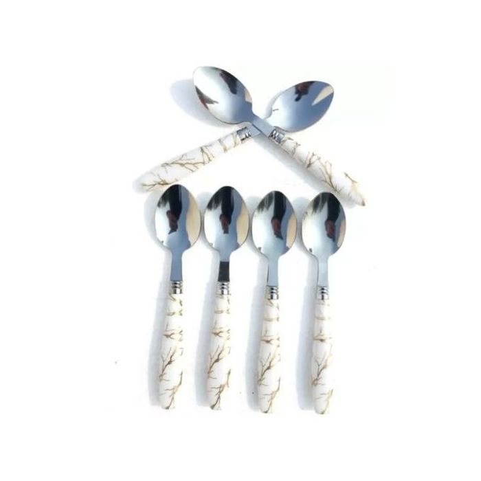 Lot de 6 Cuillères à Café - Acier Inoxydable - Design Marbre - Blanc