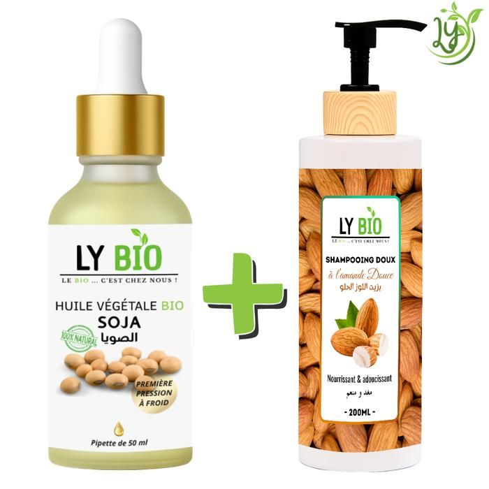 Pack Huile Soja 50ml - LYBIO - Shampooing Amande Douce 200ml - Nourrissant - Adoucissant - Mixte