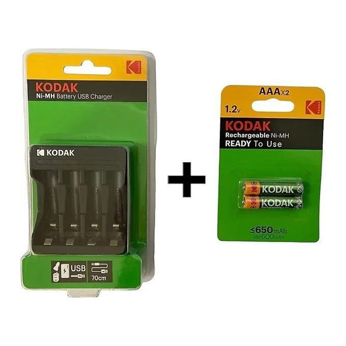 Kodak Chargeur Usb Batterie 4x AAA ou 4x AA pour Pile Ni-mh Rechargeable + 2 Piles AAA