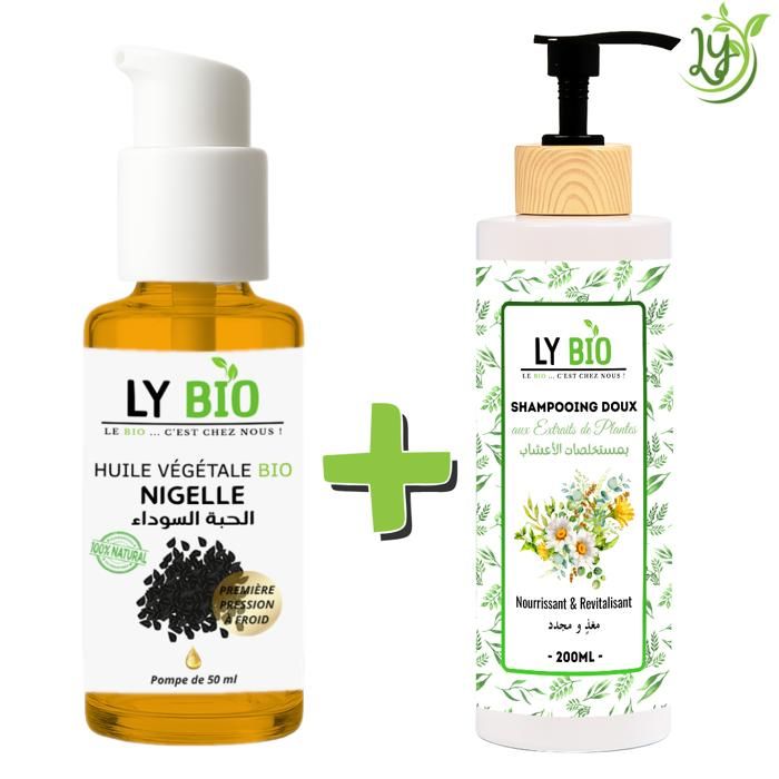 LYBIO PACK HUILE NIGELLE 50ML - POMPE + SHAMPOOING AUX EXTRAITS DE PLANTES 200ML - NOURRISSANT & REVITALISANT