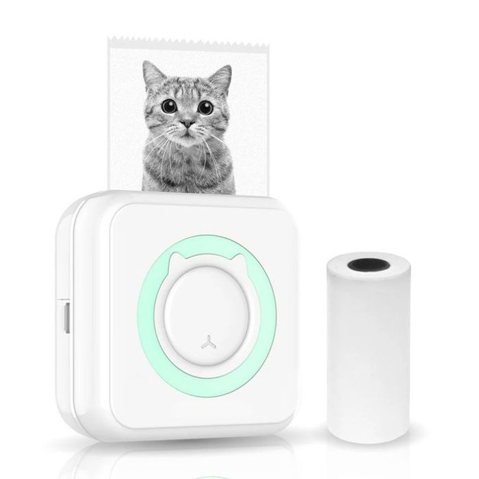 Mini Imprimante Thermique Portable Sans Fil avec Câble et Rouleau de Papier - Blanc
