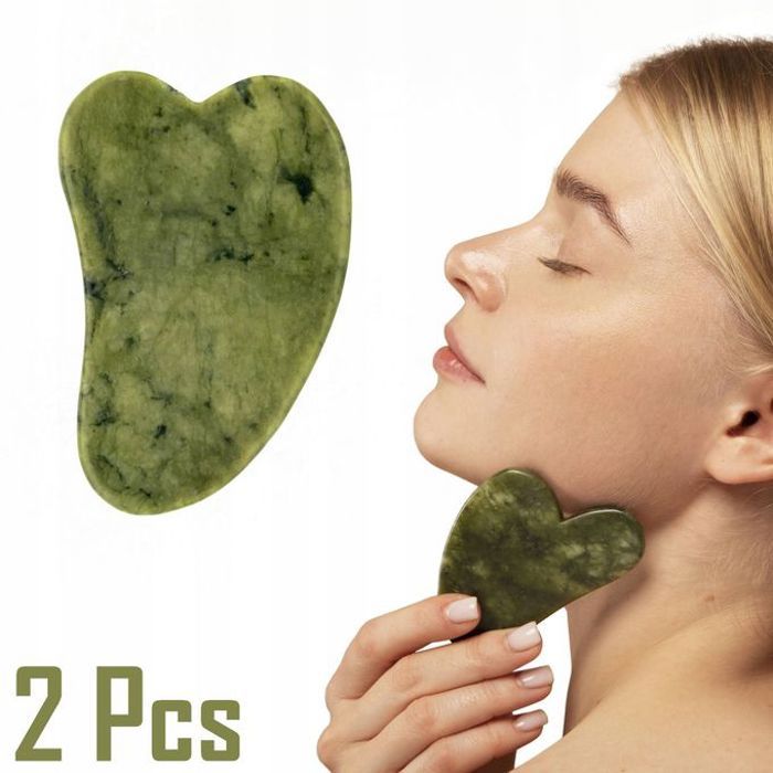 Lot de 2 Pièces - Pierre Naturel Gua Sha Jade, Outil de massage pour visage, Anti-stress, Relaxation