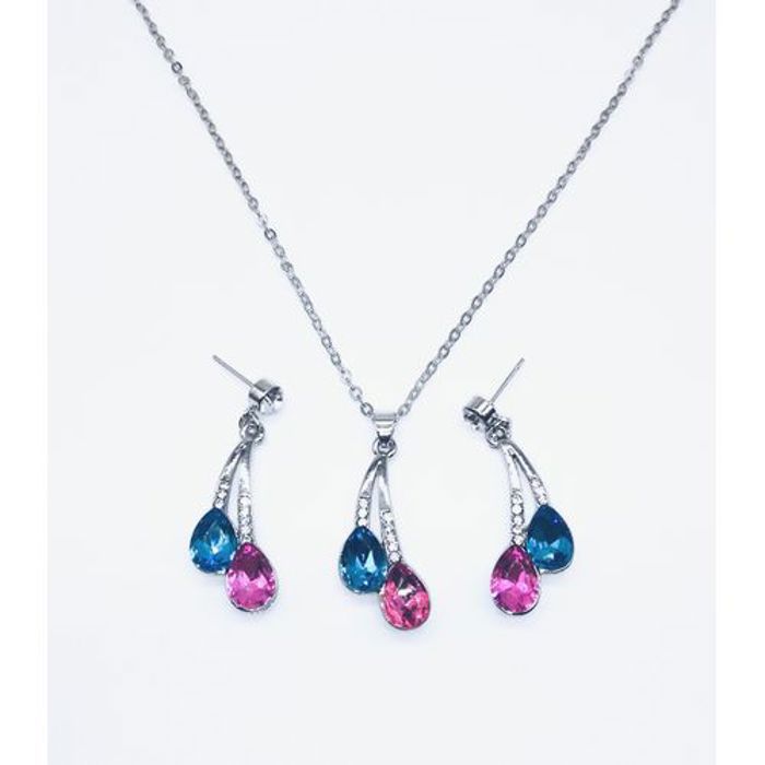 Parure de bijoux - Collier et Boucles d'oreilles - Cristal Fushia turquoise - Acier inoxydable - 4 pièces