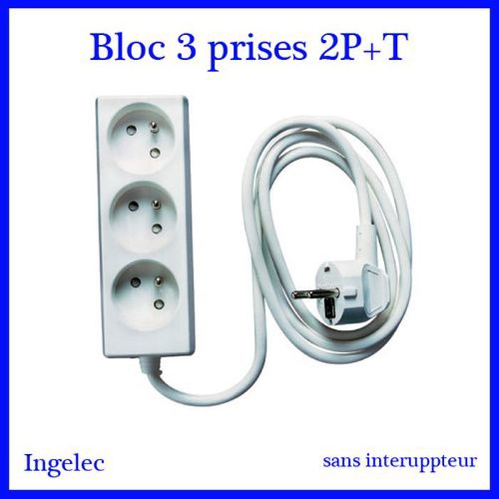 Rallonge Bloc multiprises électrique 3 prises 2p+T // sans interrupteur / Bloc 3
